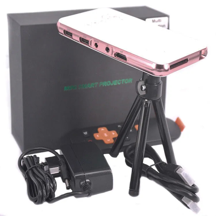 White rose gold miniature DLP Android projector showing compact 145mm design with smartphone connectivity