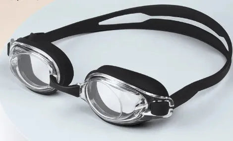 Black swimming goggles with prescription lenses and a matching case, alongside plain blue swimming goggles.
