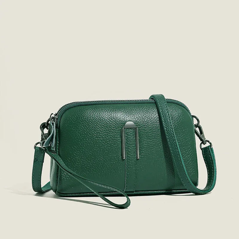 Genuine leather women's shoulder bag with horizontal square design in dark khaki colour