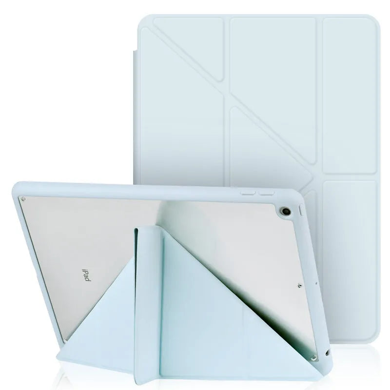 iPad protective case with Y-folding bracket design showing pen storage slot and imitation leather finish