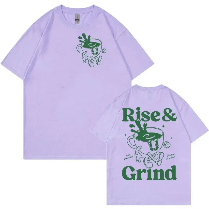 Cartoon Rise and Grind Green Coffee print on a loose-fit linen blend T-shirt.