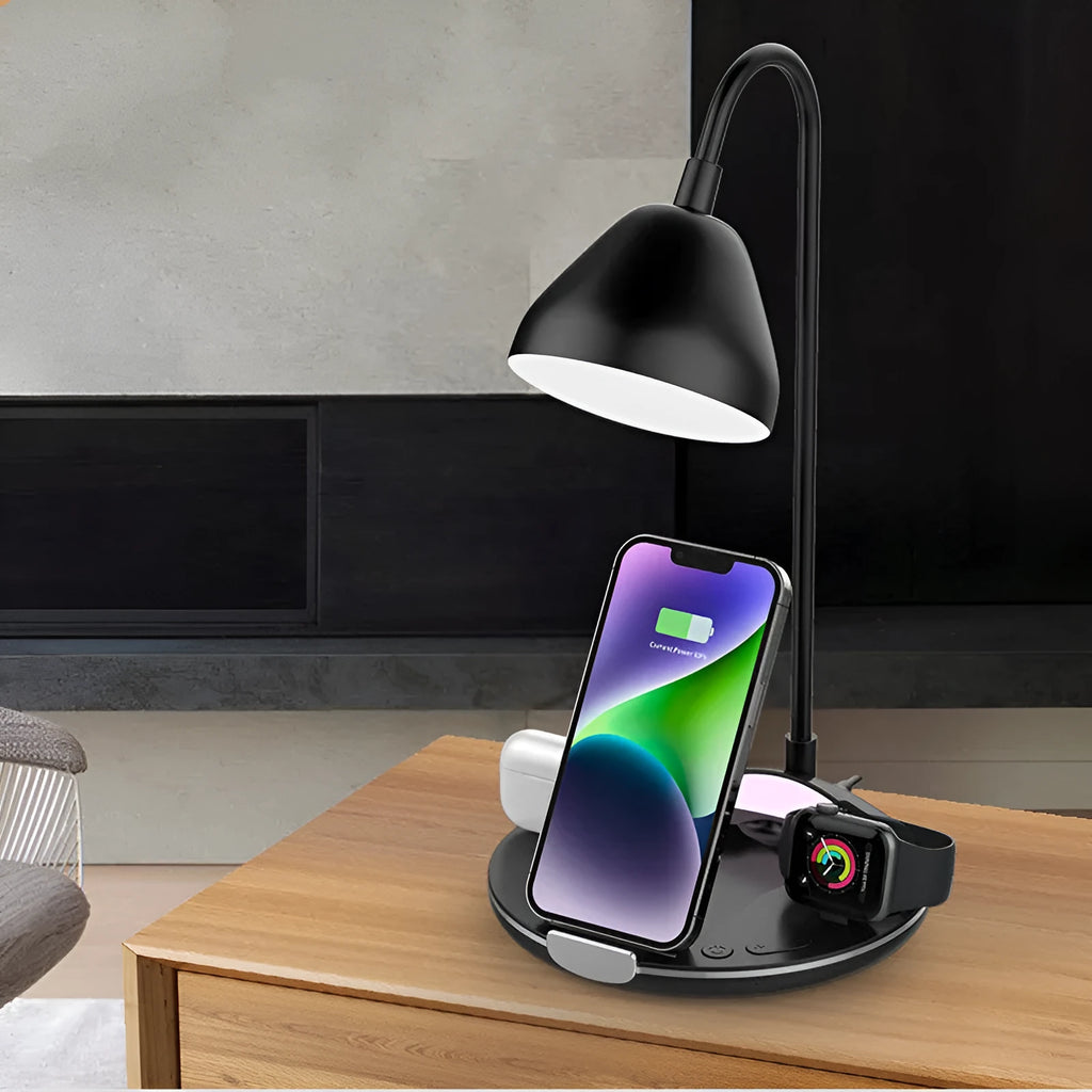 Black and white magnetic folding wireless charger with USB connection measuring 168.3x168x320mm