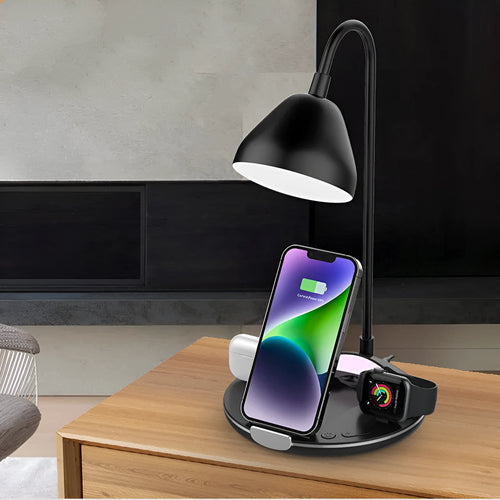 Black and white magnetic folding wireless charger with USB connection measuring 168.3x168x320mm