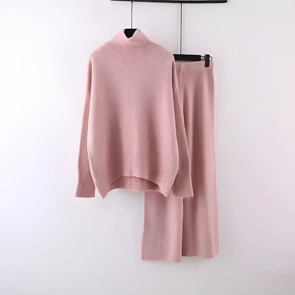 Women's casual acrylic fibre two-piece set with long-sleeve sweater and wide-leg trousers in solid colour.