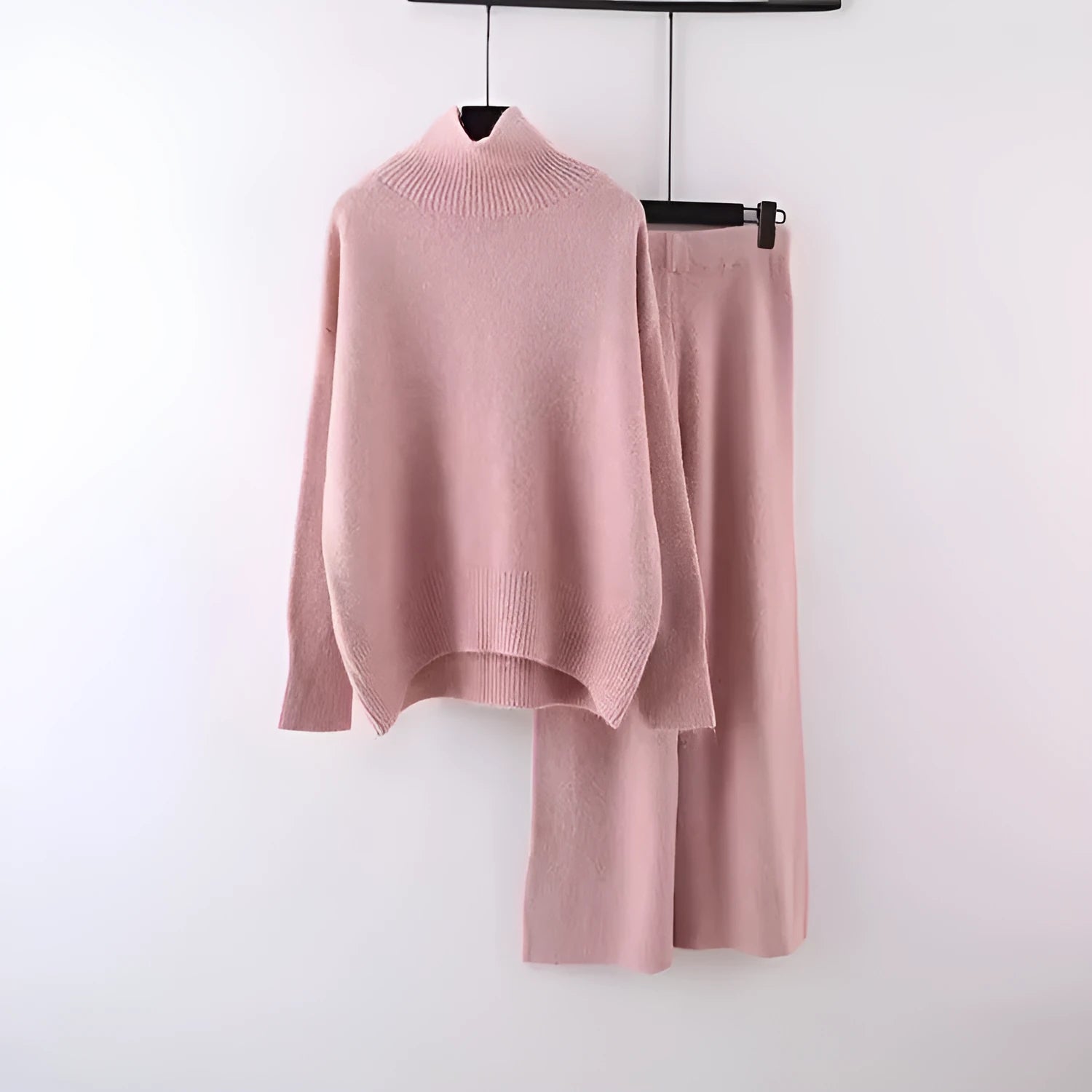Women's casual acrylic fibre two-piece set with long-sleeve sweater and wide-leg trousers in solid colour.