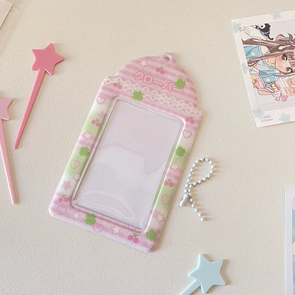 Cartoon plaid strawberry design PVC card holder pendant for lanyards, measuring 7.6 by 13.6 centimetres.