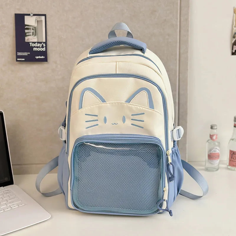 Korean cartoon animation style backpack in two sizes with curved shoulder straps.