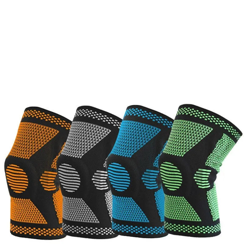 Sports fitness silicone spring knee pads in green blue white orange colours with polyamide construction for M L XL sizes
