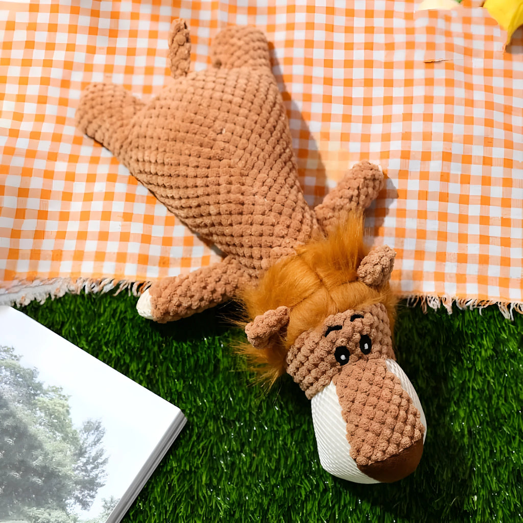 Corn-shaped plush dog chew toy with textured kernel design and squeaker