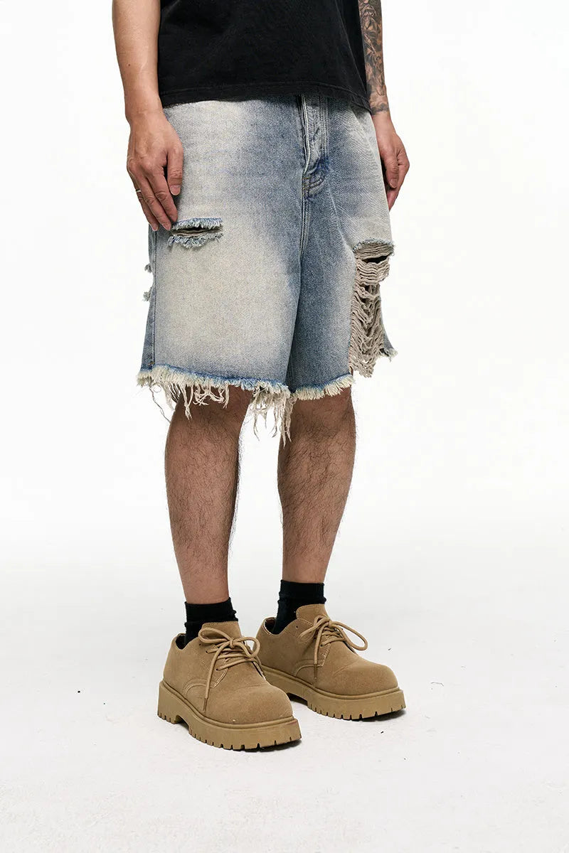 Men's light blue washed denim shorts with a baggy wide-leg fit and mid waist.