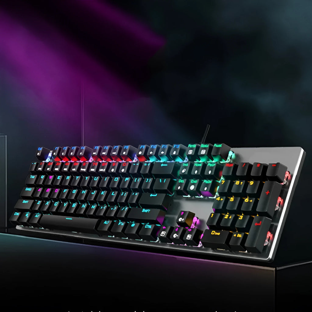 AOC GK410 mechanical keyboard with 104 keys, USB cable, and metal construction showing keyboard from top angle