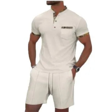 Men's gray short sleeve zip-up polo collar top with matching shorts, a cotton blend summer suit set.