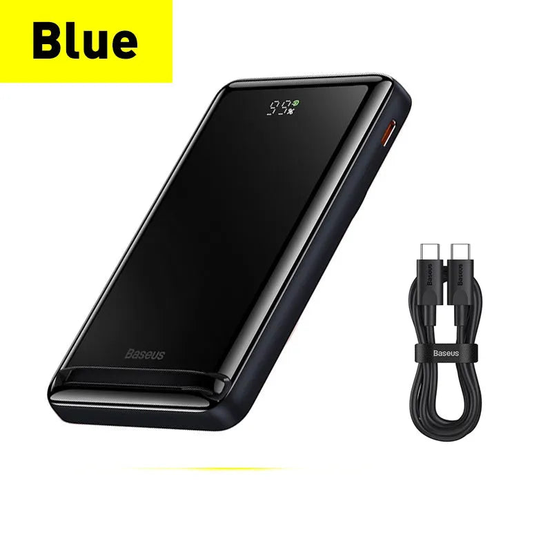 Slim magnetic wireless power bank in blue colour showing dimensions 117.3mm x 69.7mm x 20.3mm