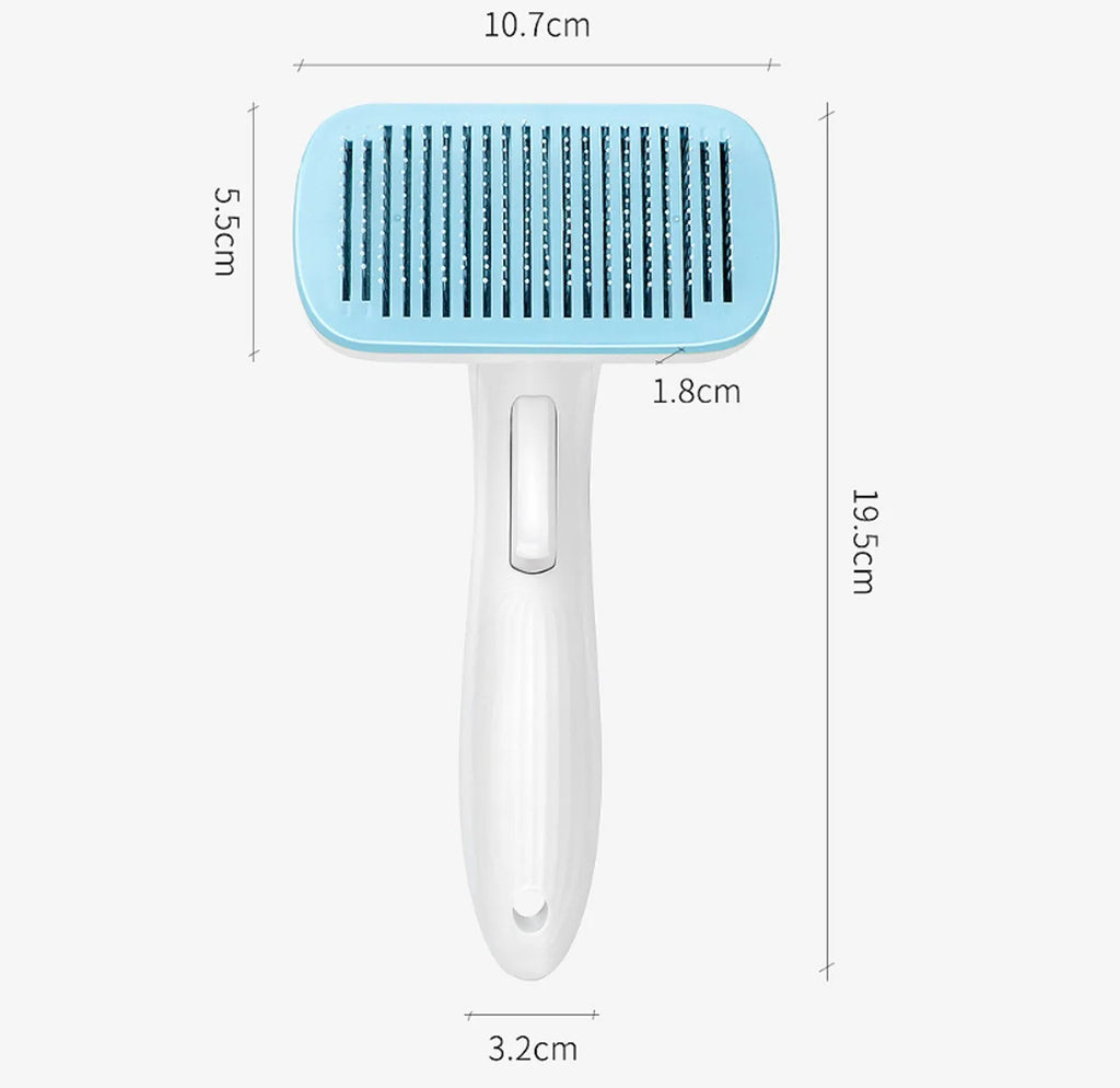 Automatic pet hair removal comb for dogs and cats in blue, grey, green or pink.