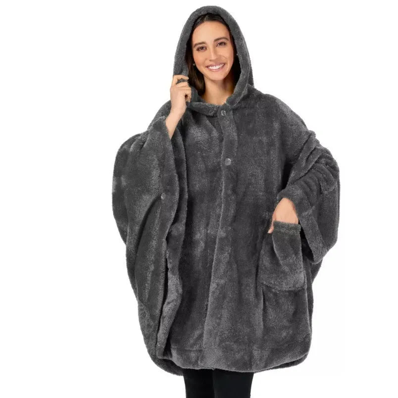 A hooded long sleeve bathrobe in super thick polyester fabric, shown in a cardigan style.