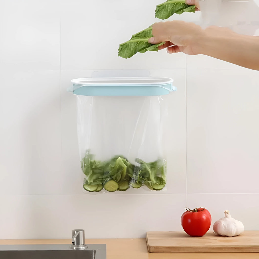 Blue plastic kitchen garbage bag storage rack holder for under cabinet mounting.