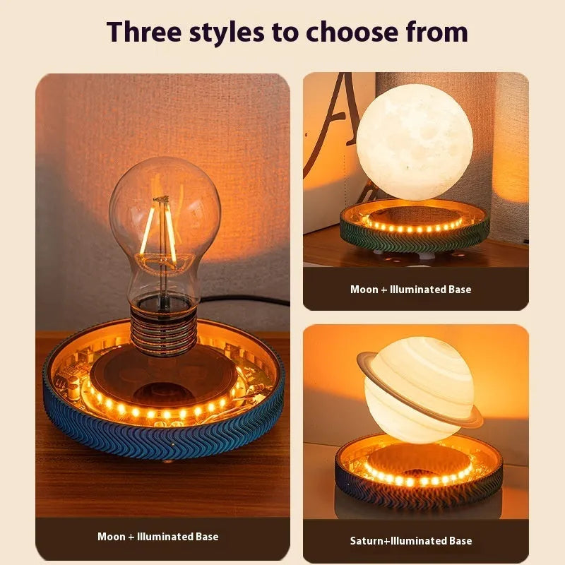 Magnetic suspension night lamp with floating 3D printed ornament in modern minimalist design