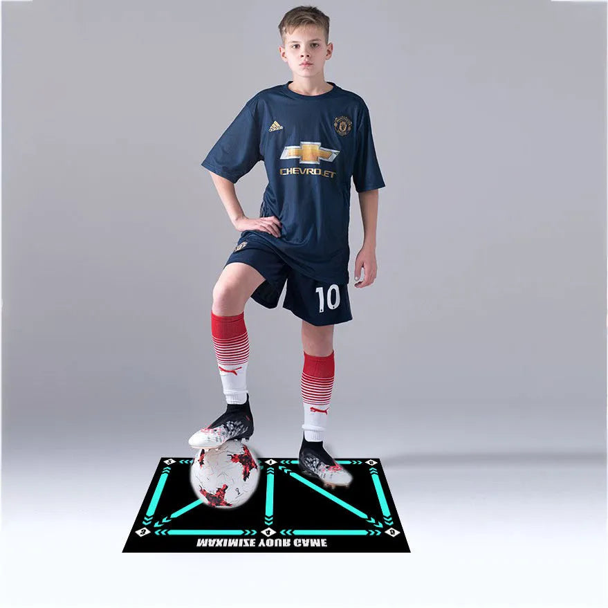 Rubber indoor football training mat for skill lifting and foot basket row movements in cushion colour with socks