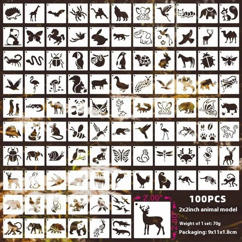 Milky white PET film stencils showing examples of 2-inch flower, animal, and letter designs.