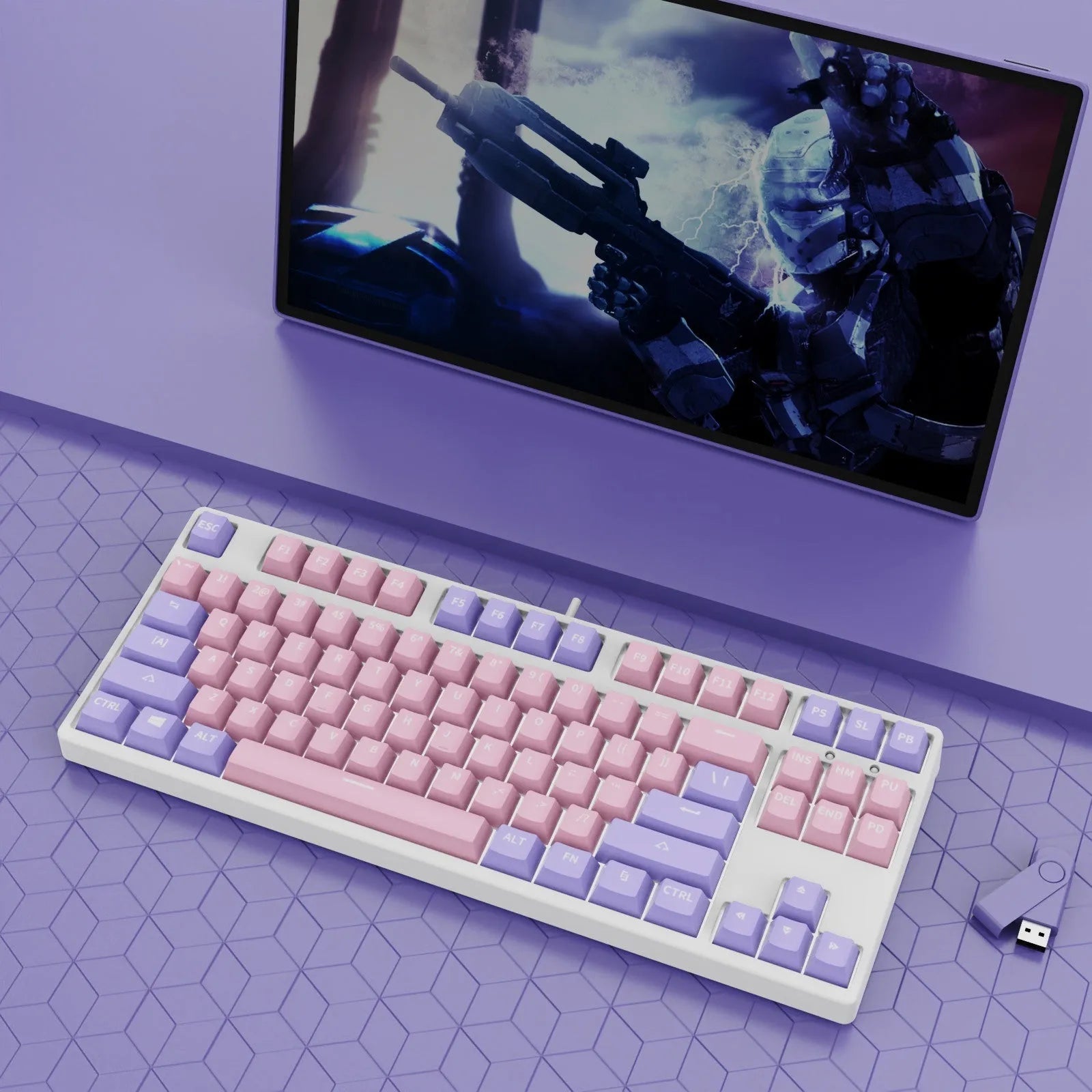 87-key wired mechanical keyboard with hot-swappable sockets showing colour options and included accessories