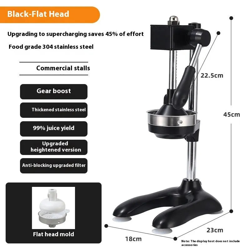 Stainless steel manual vertical juicer on a countertop, showing options for black, silver, orange, white, and electroplated finishes with pointed, flat, and double head tips.