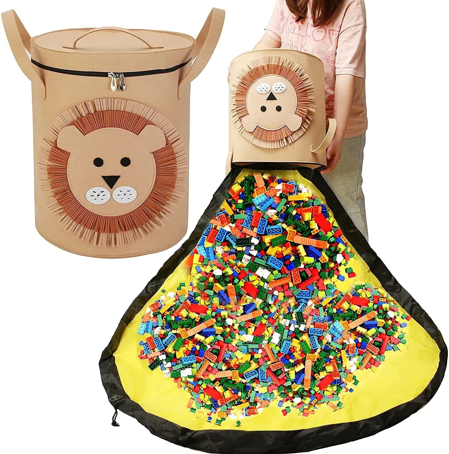 Green felt cube storage bag with pull rope serving as toy organiser and play mat