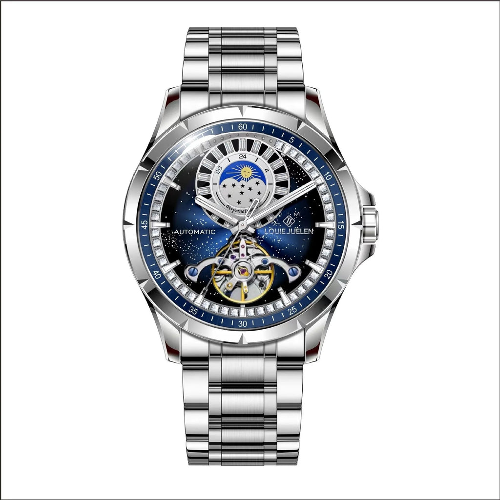 Men's silver case blue dial waterproof automatic mechanical watch with stainless steel strap