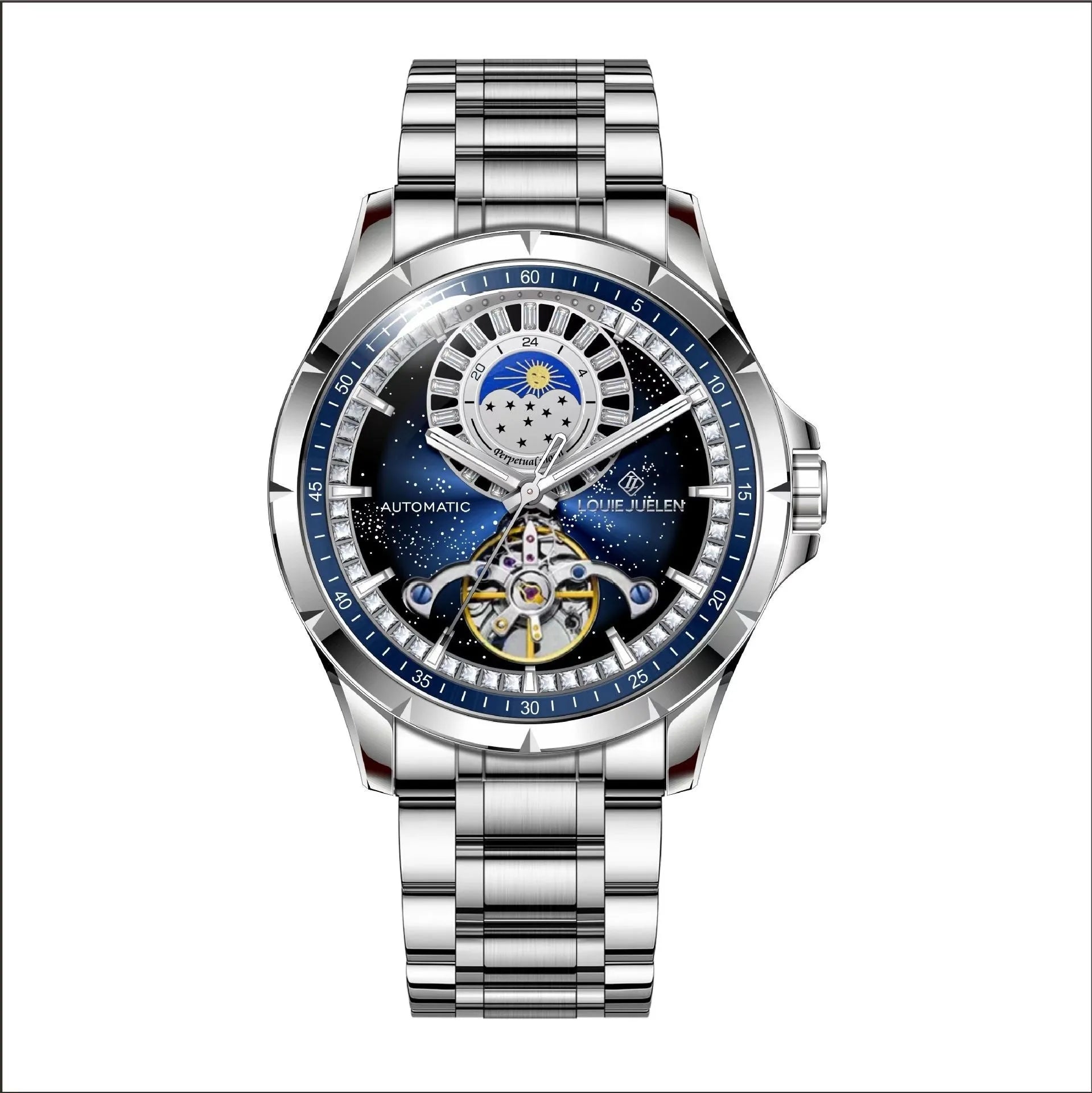 Men's silver case blue dial waterproof automatic mechanical watch with stainless steel strap
