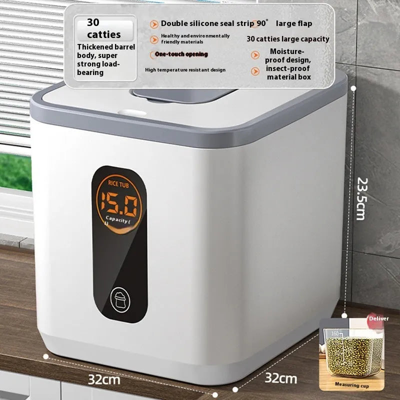 Gray sealed plastic rice jar with insect-proof lid and measuring cup for kitchen food storage