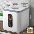 Gray sealed plastic rice jar with insect-proof lid and measuring cup for kitchen food storage