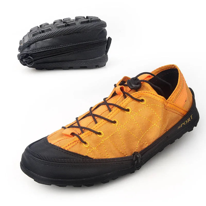 Orange portable folding outdoor hiking shoe with mesh upper and side zipper
