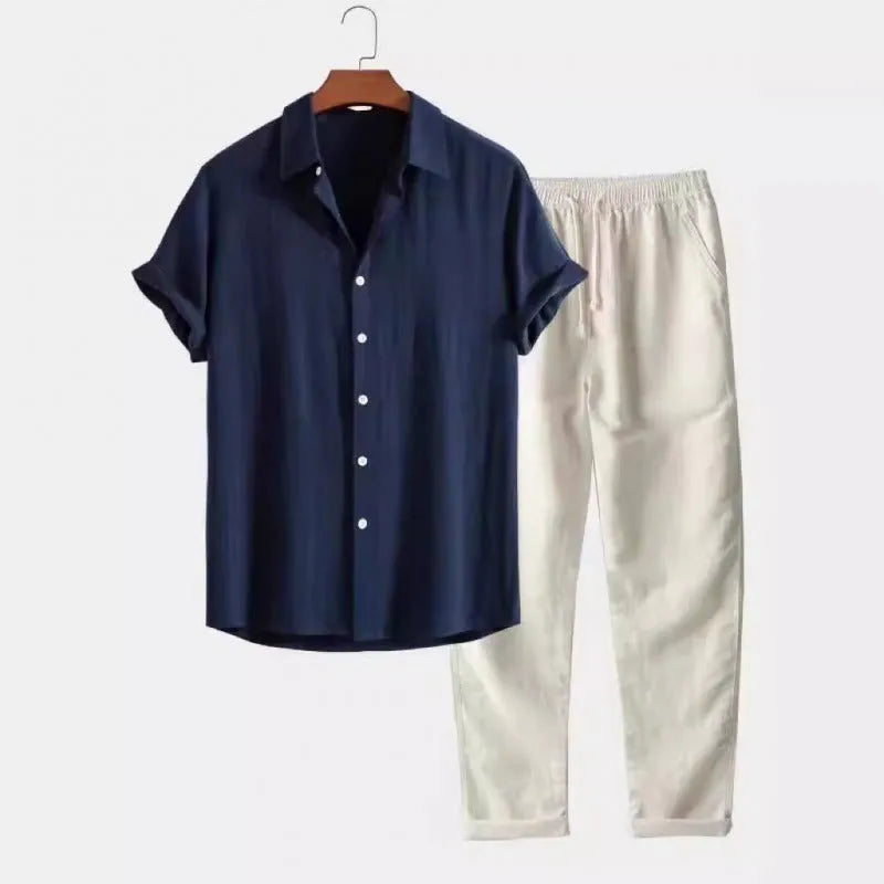 Men's casual short sleeve shirt and trousers suit in polyester linen fabric with loose fit