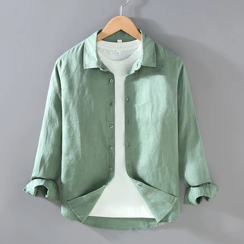 Men's pure linen shirt in cardigan style, shown in a solid earthy colour with long sleeves.