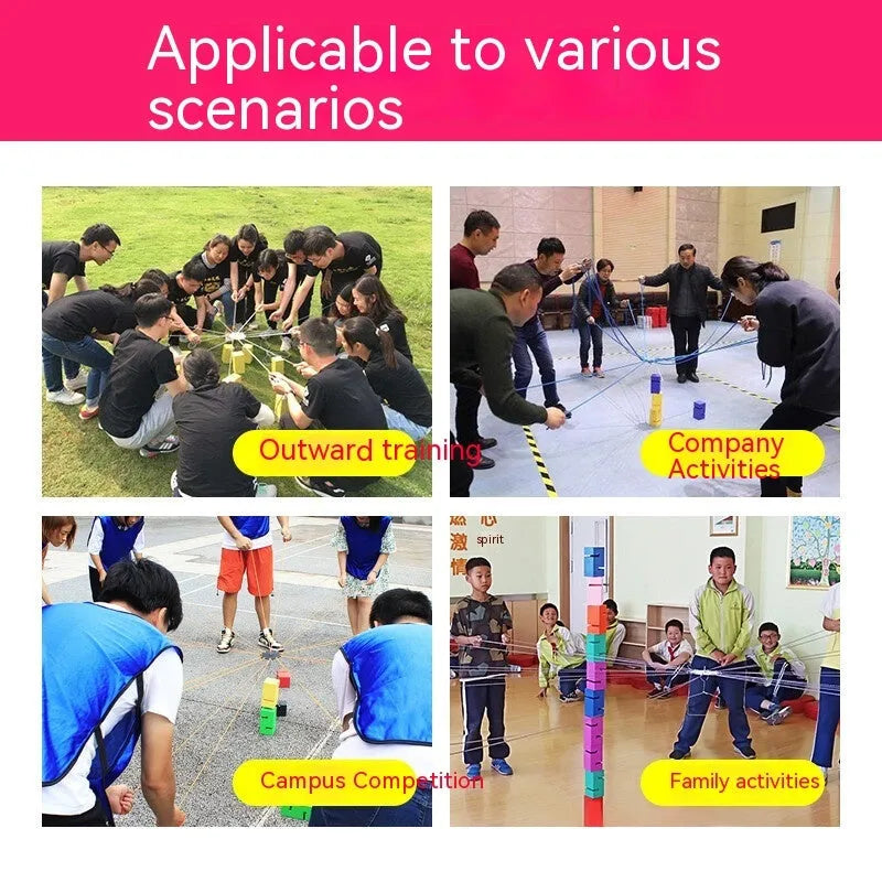 Set of coloured ABS plastic tower blocks with pull ropes and metal hook frame for outdoor team building games.