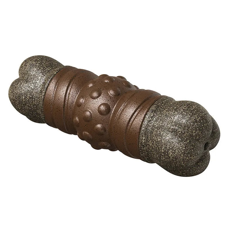 Wood-colour plastic bone-shaped dog toy for dental cleaning and chewing