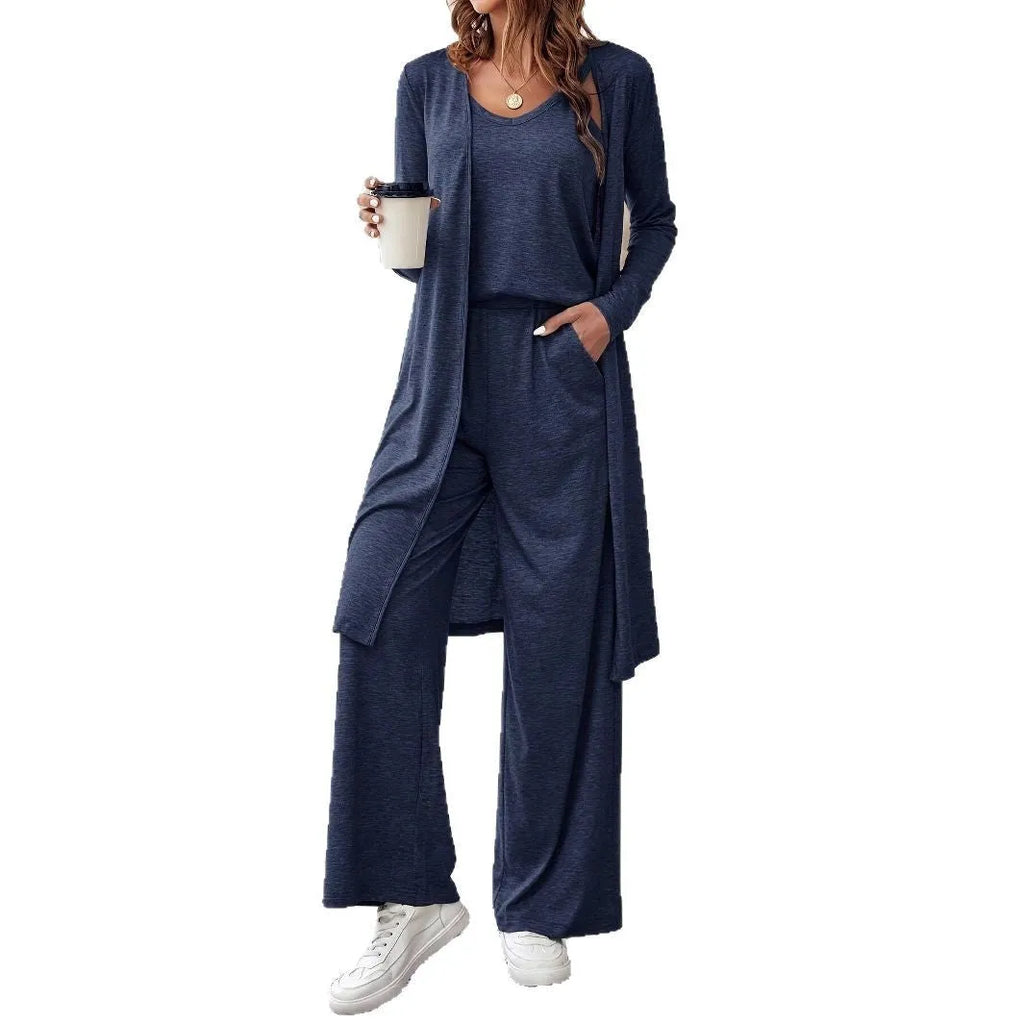 Blue polyester women's three-piece casual suit set with sling top, cardigan, trousers, and suspenders