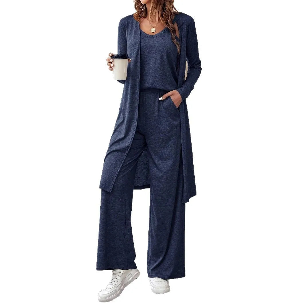 Blue polyester women's three-piece casual suit set with sling top, cardigan, trousers, and suspenders