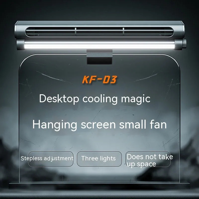 Black USB-powered bladeless clip fan with LED lighting attached to laptop screen