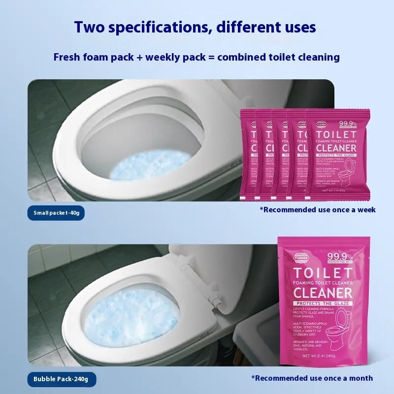 Toilet bubble powder cleaning product in blue ocean or pink floral fragrance, offered in boxed sachets or a large bag.
