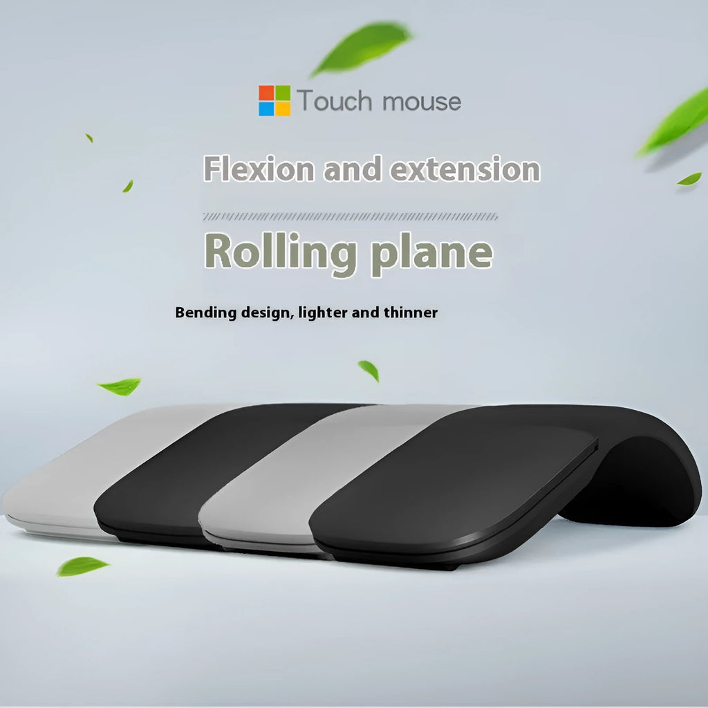 Black folding Bluetooth touch wireless mouse shown in open position with dimensions 131.2x55x14.5mm