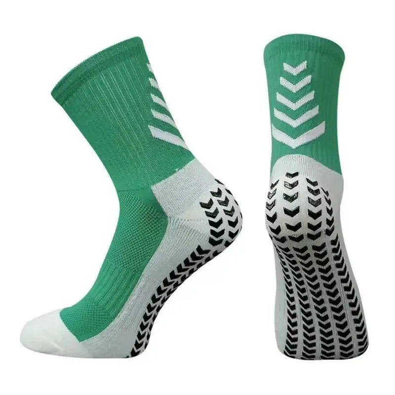 Men's mid-calf athletic socks with geometric patterns and non-slip silicone grip for football and running