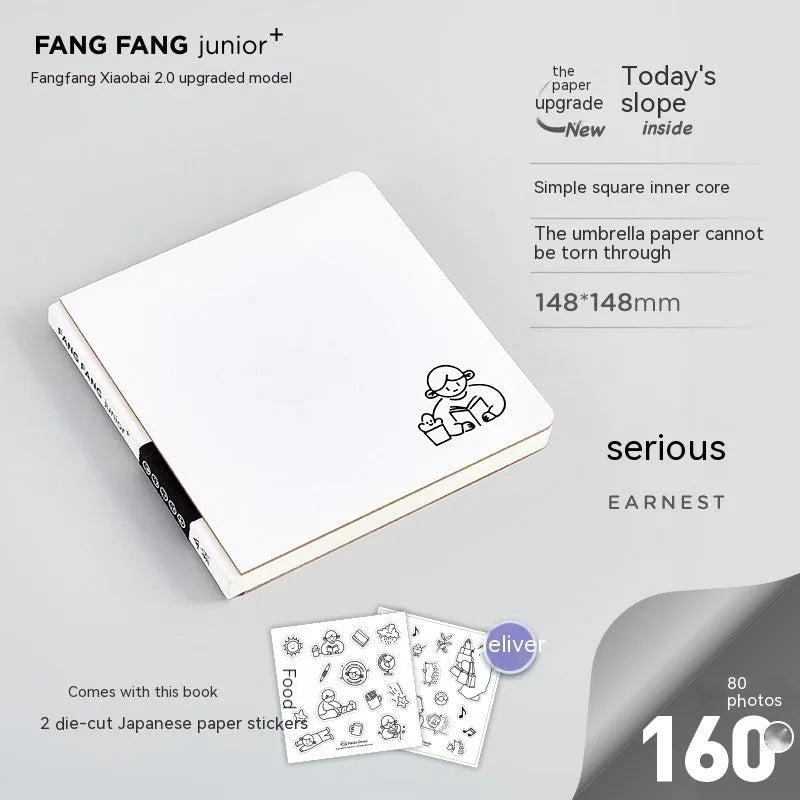 Square checkered diary notebook with 100 pages, 148x148mm dimensions, and personalisation stickers