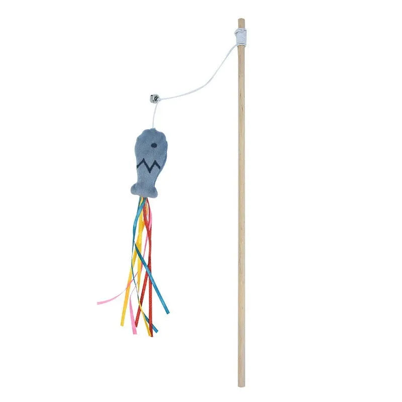 Cat wand toy with colourful ribbons, catnip fish, and bell on wooden handle