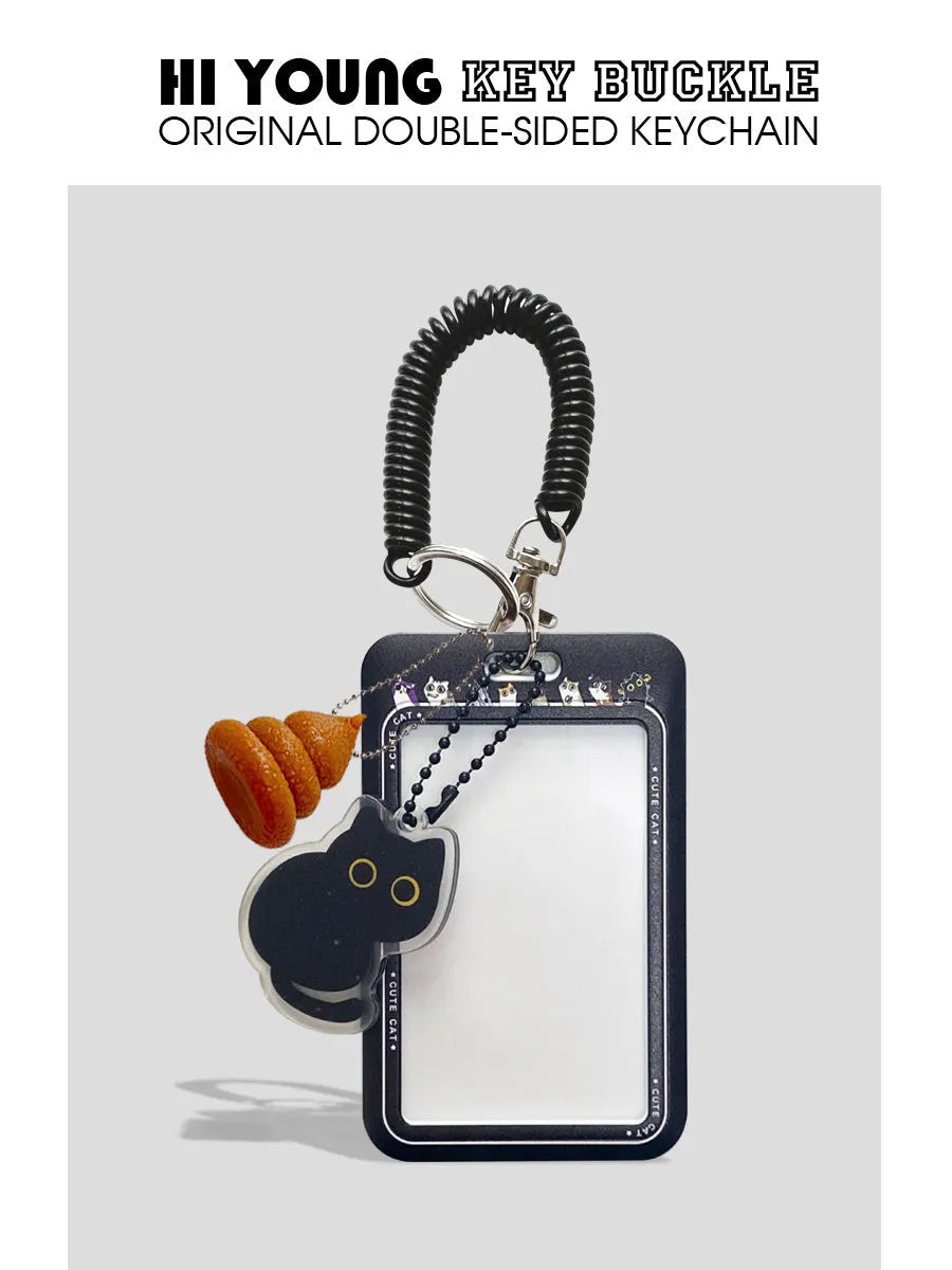 Plastic card holder sleeve with cute little black cat cartoon design and a silver ferrule pendant.