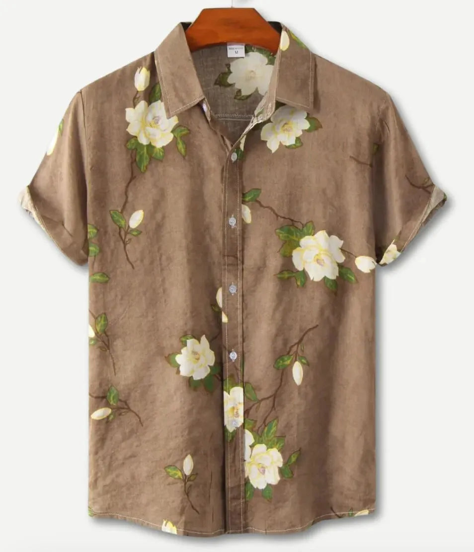 Hawaiian floral print short sleeve shirt with four-sided elastic polyester fabric