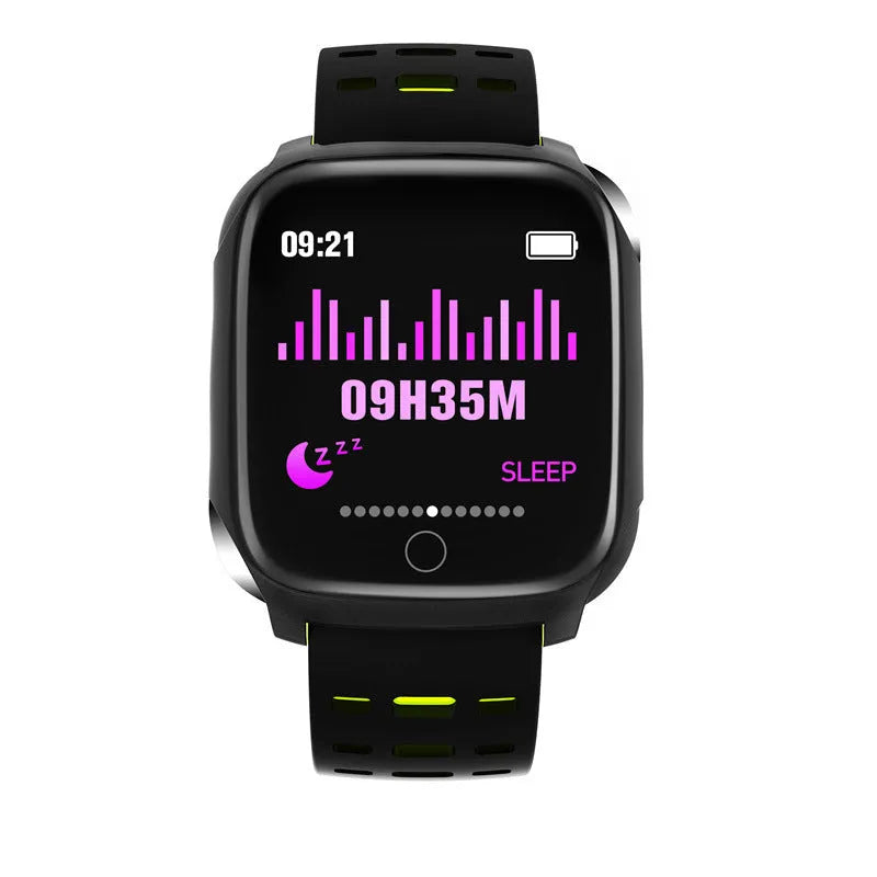 F16 Smart Watch with ECG monitor on wrist, showing black grey silicone strap and IPS screen displaying heart rate.