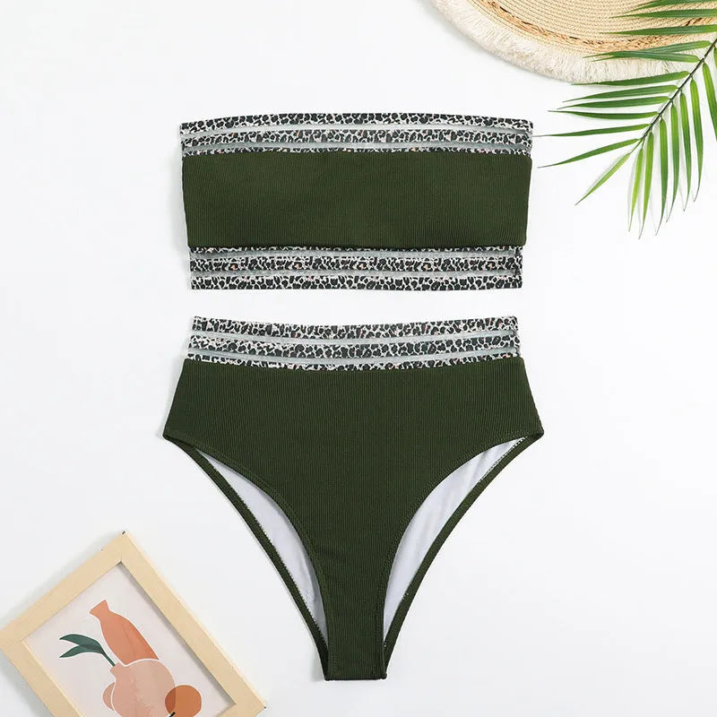 Black two-piece swimsuit with leopard print splicing and strapless high-elastic design