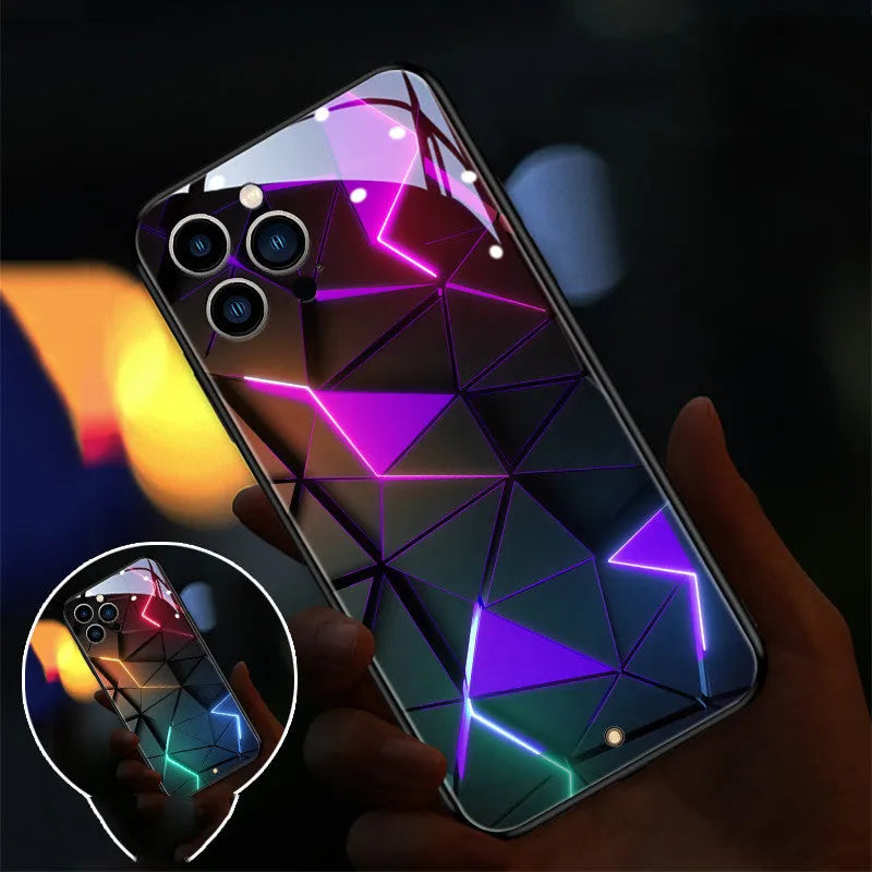 Xpress 14 tempered glass iPhone case with a light-up notification indicator on a table