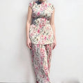 Women's long sleeve printed chiffon two-piece dress with high waist, shown in picture colour.