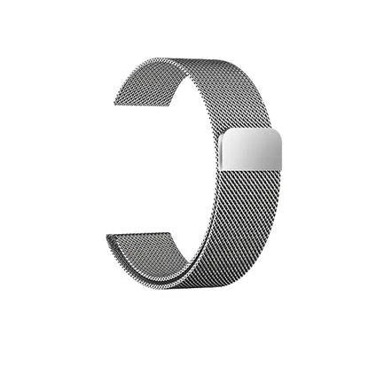 Stainless steel watch replacement strap in silver on a grey background showing adjustable links and buckle.